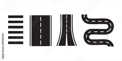 Various road types, crosswalk, highway, tunnel entrance, winding path, traffic elements