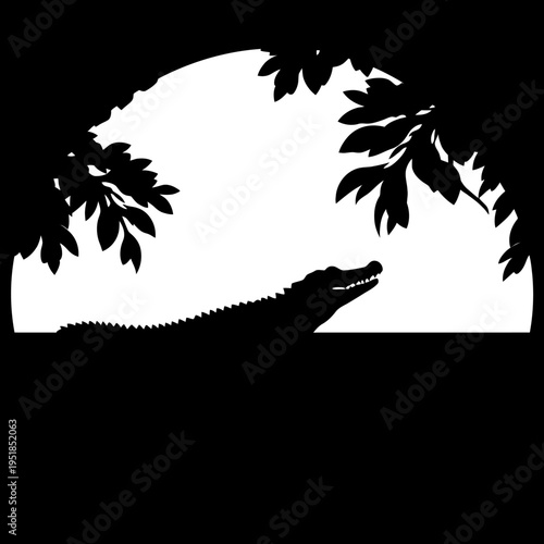 Silhouette of Alligator in Habitat: A dramatic silhouette of an alligator emerges from the dark, showcasing its reptilian form against a backdrop of foliage and the sun.