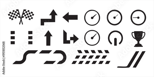 Racing competition icons set with checkered flags speedometers trophy cup arrows and tire tracks
