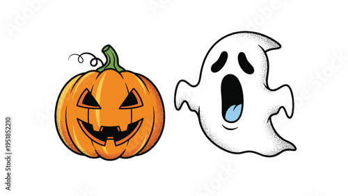Classic Halloween illustration featuring a carved orange jack-o-lantern pumpkin next to a spooky white ghost with its mouth open.