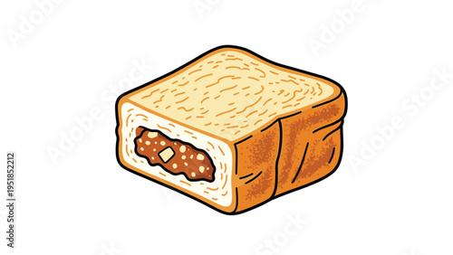 Cross-section illustration of a piece of Japanese curry bread showing the savory meat and potato filling inside the soft dough.