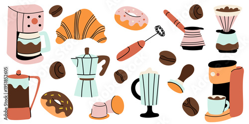 Coffee Elements Set. Flat vector coffee set with coffee maker, beans, cups and desserts. Cafe elements collection isolated on light background. Perfect for menu, branding and coffee shop design.