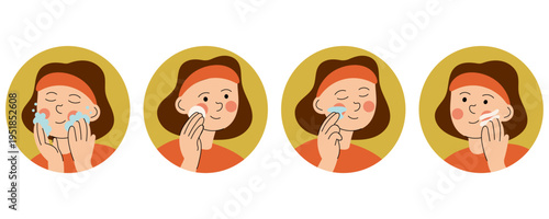Skincare Routine Steps. Flat vector skincare routine with woman washing and cleansing face. Beauty and self care steps isolated on light background. Perfect for wellness and daily routine concepts.