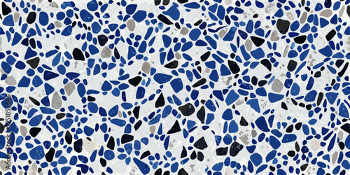Abstract mosaic pattern with irregular blue black and white fragments