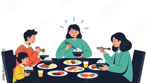 Happy family of four enjoying a healthy and varied dinner together at a large table with several dishes of food.