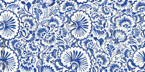 Intricate blue and white floral pattern creating a seamless textile design