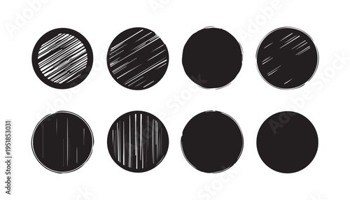 Hand drawn silhouette of eight black circles with various patterns