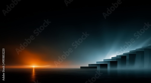 Dark sky with a bright orange sun in the foreground. The sun is setting and the sky is filled with light