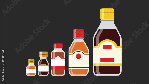 Lineup of five various sized glass and plastic bottles for condiments like soy sauce or oil on a dark gray background.