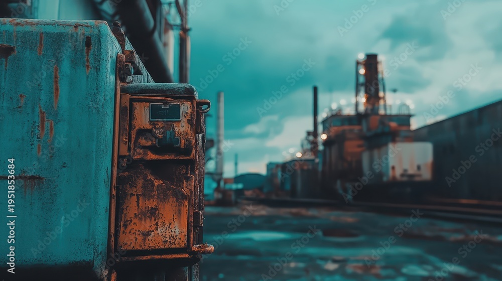 Fototapeta premium Rusted industrial machinery and chemical residues in a weathered factory background with soft light