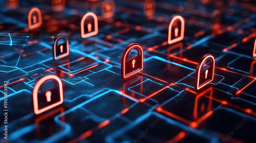 Fototapeta premium Secure Digital Network with Glowing Padlocks Representing Virtual Private Network Security and Data Encryption