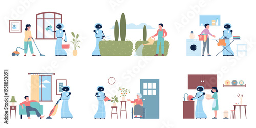 Cleaning with robot. People interact with android, clean house and cares plants. Modern digital technologies, housekeepers and helpers, recent vector scenes