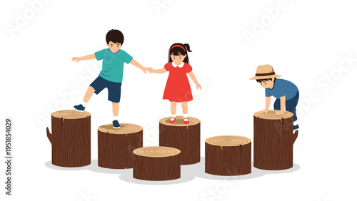 Playful group of young children having fun while stepping and climbing on wooden tree stumps in a creative outdoor setting.