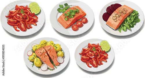 Professional Gourmet Salmon Meal Collection Featuring Pan Seared Fish Fillets Roasted Potatoes Fresh Tomato Salad and Healthy Vegetable Side Dishes for Culinary Branding
