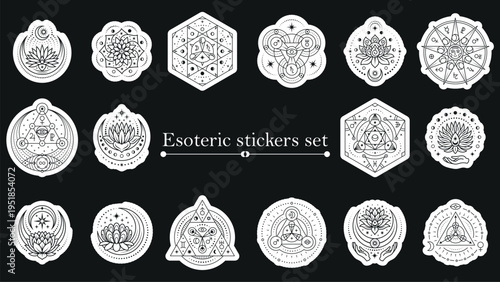 Esoteric stickers set. Different magical line elements with constellation, stars, lotus flowers, moon. Tarot, astrology, meditation symbols, vector labels design