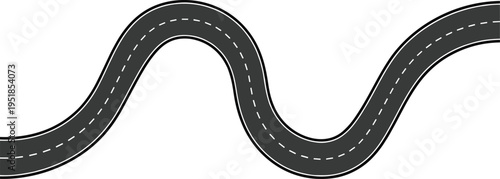 Curved road vector illustration, winding asphalt highway with dashed lane markings, transportation route concept, abstract path design, travel journey graphic isolated