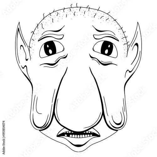 A profile caricature of a grotesque man with an exaggerated long nose, large eyes, and sparse curly hair. The bold line art emphasizes his unique facial features and quirky expression.