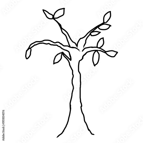 A simple line art drawing of a young tree or sapling with few leaves. The clean, minimalist hand-drawn style represents growth, nature, and new beginnings in a versatile graphic format.