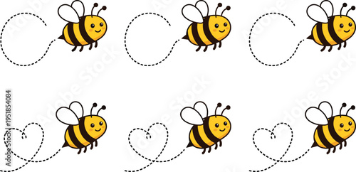 Cute bee cartoon collection with dotted flight trails, smiling insect characters, pollination and love concept illustration, playful nature design, kids vector set