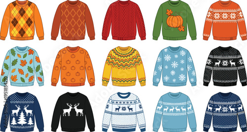 Colorful ugly Christmas sweater collection, festive winter knitwear with pumpkin autumn patterns, reindeer snowflake Nordic holiday jumpers vector set