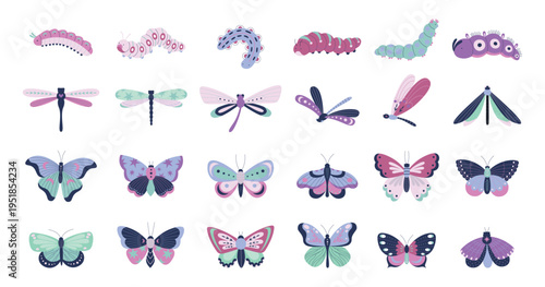 Spring summer insects. Isolated insect characters. Colorful caterpillars, dragonfly, different butterflies. Beautiful butterfly, stickers vector design