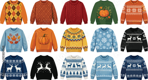 Collection of colorful ugly Christmas sweaters, autumn pumpkin knitwear, Nordic winter patterns, festive holiday jumpers isolated on white background vector set