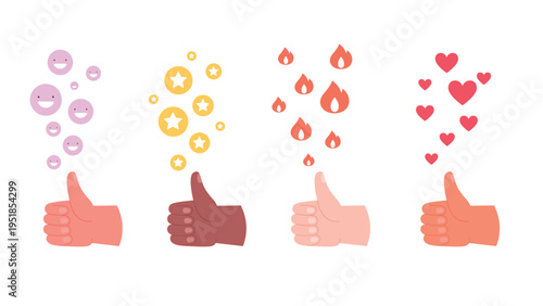 Thumb up signs. Human hands showing thumb up. Social media like reactions with smiling faces, fires, hearts and stars. Reaction on live, vector likes internet symbols