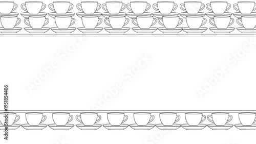 Elegant minimalist border design consisting of rows of teacups and saucers in a refined black and white line art style.