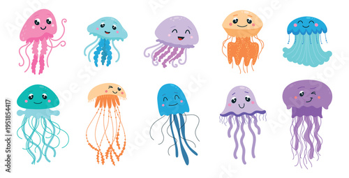 Funny cartoon jellyfish. Adorable jellyfish, underwater cute characters. Sea ocean animals, children mascots. Different nautical creatures, classy vector clipart