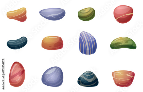 Colorful river stones. Different smooth stone, underwater sea lake elements. Decorative pebbles for landscape, decorating, spa. Natural nowaday vector elements
