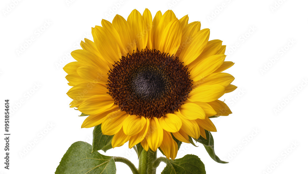 Fototapeta premium Vibrant yellow sunflower with lush green leaves, its intricate dark brown center clearly visible, isolated on a transparent background, perfect for summer designs