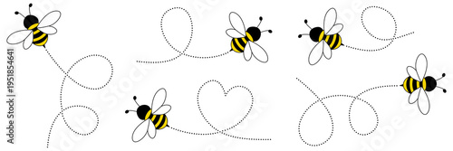 Cute bees with dotted flight path set. Buzzing bumblebee following trail route collection. Vector illustration isolated on white.