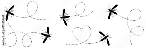 Mosquito silhouette icon set with dotted flight path. Vector illustration of dengue and malaria insects isolated on white background.