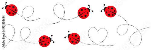 Adorable ladybug flying along dotted trail collection. Cute red insect with motion path set. Vector illustration isolated on white for summer design.