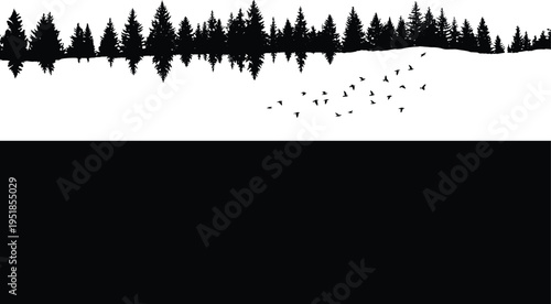 Forest silhouette with reflection and flying birds, pine tree landscape illustration, nature scenery concept, woodland horizon design, black and white vector background