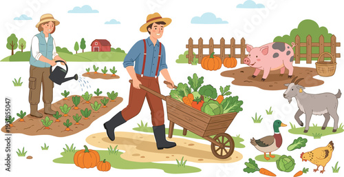 Farm life cartoon illustration, farmers harvesting vegetables with animals and garden, rural agriculture concept, organic farming scene, countryside lifestyle vector graphic