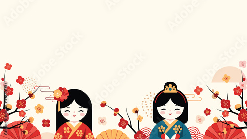 Festive border for Hinamatsuri featuring Japanese dolls in traditional kimonos surrounded by blooming plum blossoms and fans.