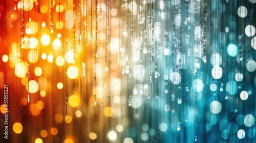 Vibrant abstract bokeh lights in an orange and blue gradient with sparkling water droplets