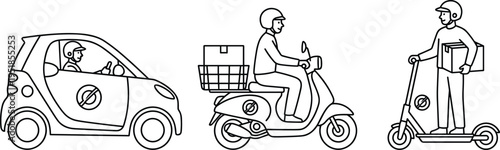 Urban delivery transport set, electric car scooter and kick scooter riders, eco friendly mobility concept, courier service illustration, modern city transport vector