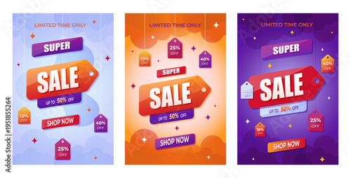 Super sale modern posters collection. Templates for  banners, print materials, shops, coupons, marketing, advertising,  flyers, invitations, posters, brochures. Flat modern style. Vector illustration.