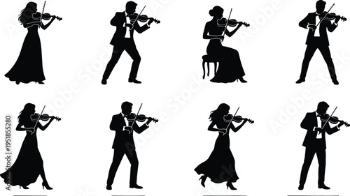 Violinist silhouettes collection, classical musicians playing violin in various poses, orchestra performance concept, elegant music art illustration, instrumental artists isolated design setViolinist 