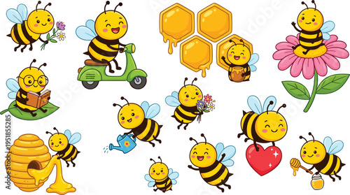 Cute bee cartoon set with honey flowers and playful scenes, adorable insect characters, pollination concept illustration, kids design, colorful nature vector collection