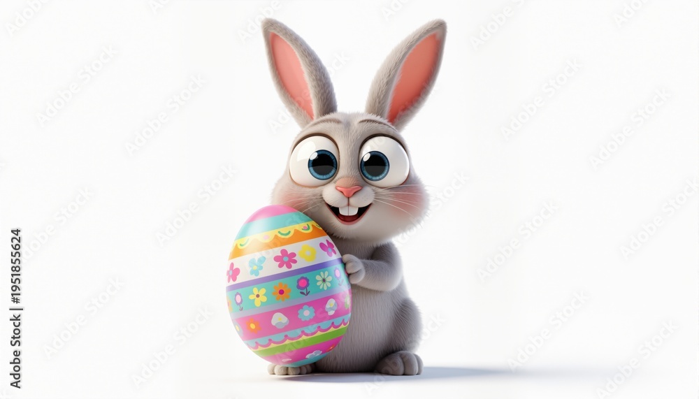 Fototapeta premium happy bunny with big colorful easter egg with bulging big eyes on solid white background. ai generative 