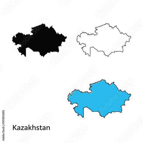 Kazakhstan map silhouettes in blue fill and black outline for diverse digital design needs