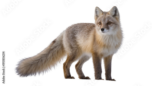 Alert corsac fox with sandy fur and bushy tail standing, looking right, isolated PNG on transparent background, perfect for wildlife and nature projects