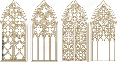 Black silhouette vector illustration of Gothic stained glass windows with ornate tracery, quatrefoils, trefoils, and floral motifs, symbolizing medieval architecture and decorative design themes