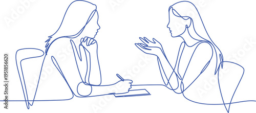 Continuous one line drawing of two women talking at desk in office blue vector illustration.