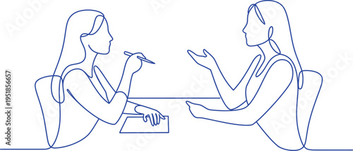 Continuous line drawing of two business women sitting at desk having professional meeting and office discussion
