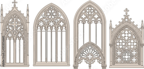 Black silhouette vector illustration of Gothic windows with pointed arches, ornate tracery, quatrefoils, trefoils, and floral motifs, symbolizing medieval architecture and decorative design themes