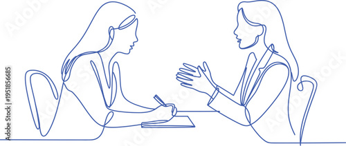  line drawing of two professional women having a job interview or formal business meeting.